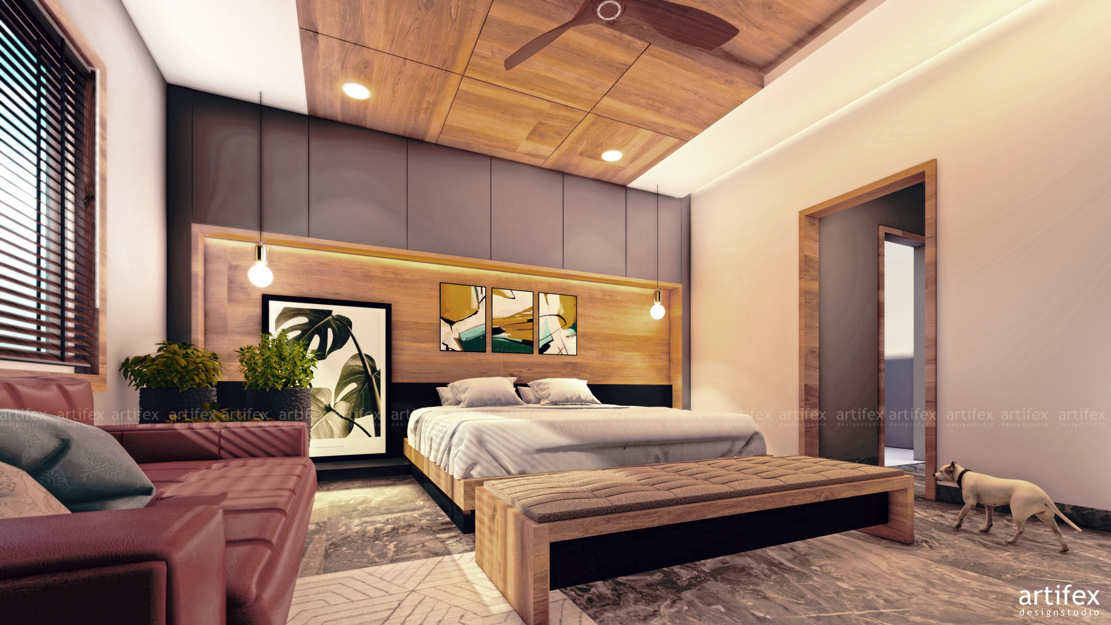 Contemporary Bedroom with Wooden Headboard & Ceiling